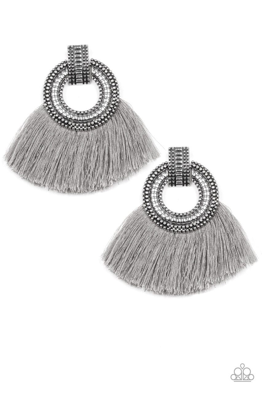 I Am Spartacus Silver Fringe Earrings - Paparazzi Accessories- on model - CarasShop.com - Paparazzi Jewelry by Cara Jewels