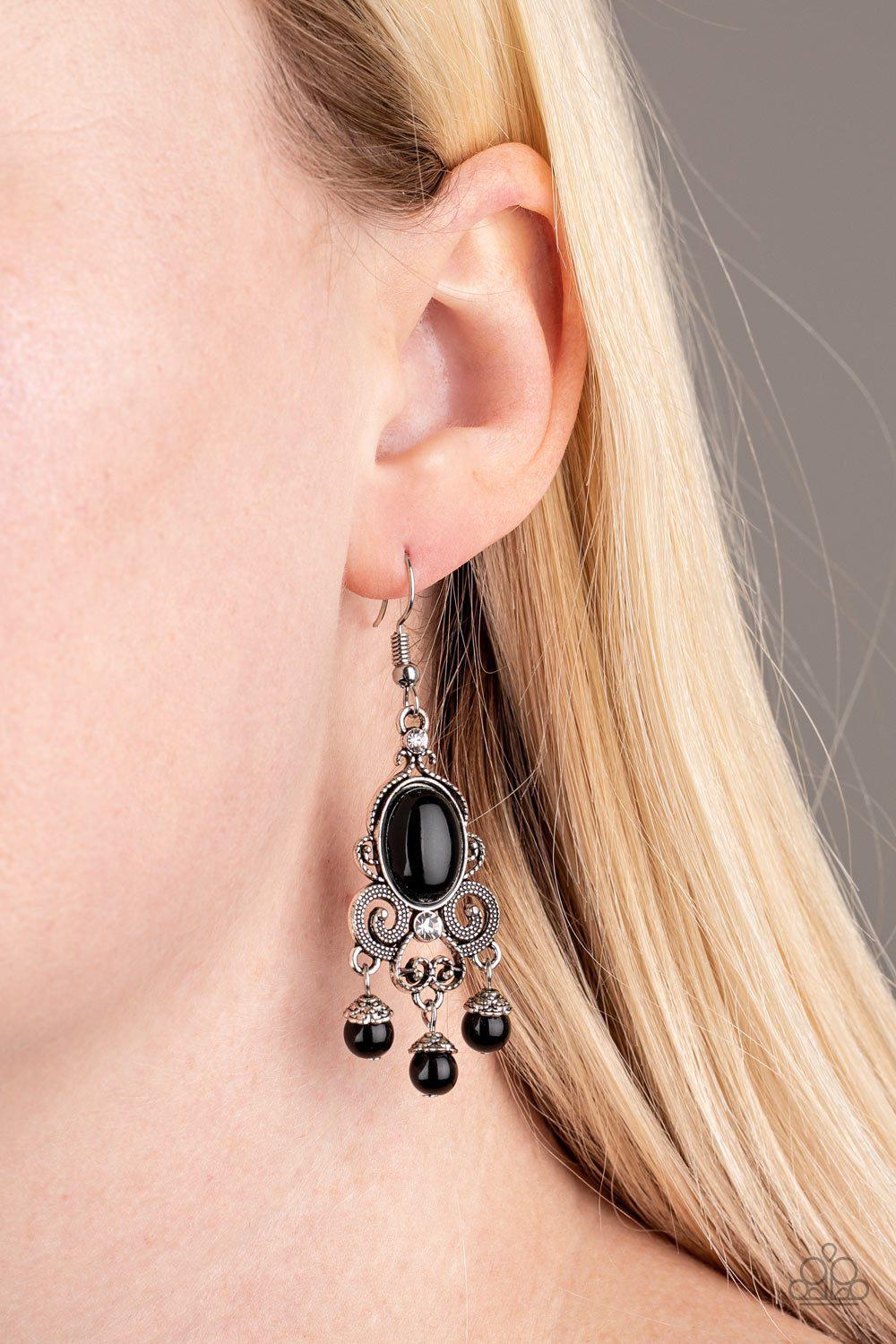 I Better Get Glowing Black Earrings - Paparazzi Accessories- on model - CarasShop.com - Paparazzi Jewelry by Cara Jewels