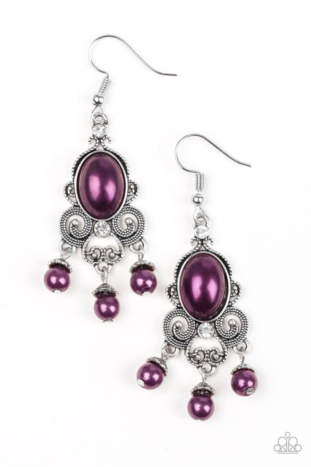 I Better Get Glowing Purple Earrings - Paparazzi Accessories- on model - CarasShop.com - Paparazzi Jewelry by Cara Jewels