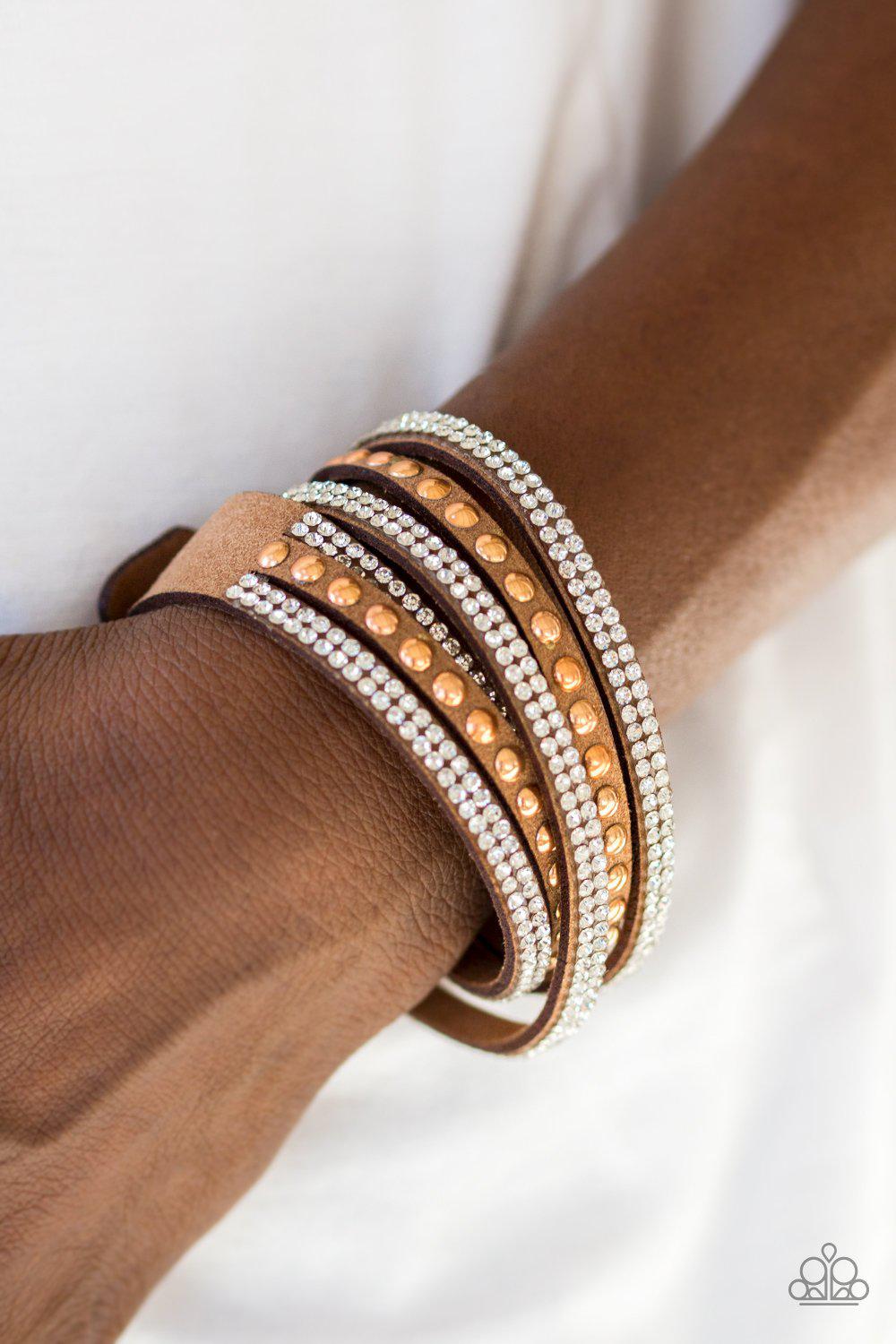 I BOLD You So! Copper and White Rhinestone Double-wrap Snap Bracelet - Paparazzi Accessories- lightbox - CarasShop.com - Paparazzi Jewelry by Cara Jewels