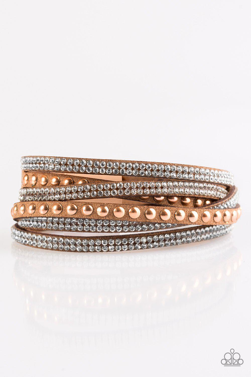 I BOLD You So! Copper and White Rhinestone Double-wrap Snap Bracelet - Paparazzi Accessories- on model - CarasShop.com - Paparazzi Jewelry by Cara Jewels
