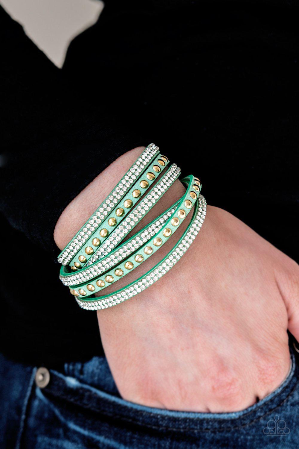 I BOLD You So Green and Gold Urban Double-wrap Snap Bracelet - Paparazzi Accessories- lightbox - CarasShop.com - Paparazzi Jewelry by Cara Jewels