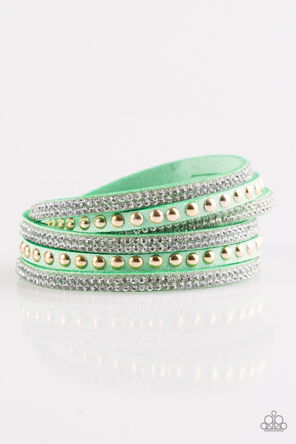I BOLD You So Green and Gold Urban Double-wrap Snap Bracelet - Paparazzi Accessories- on model - CarasShop.com - Paparazzi Jewelry by Cara Jewels