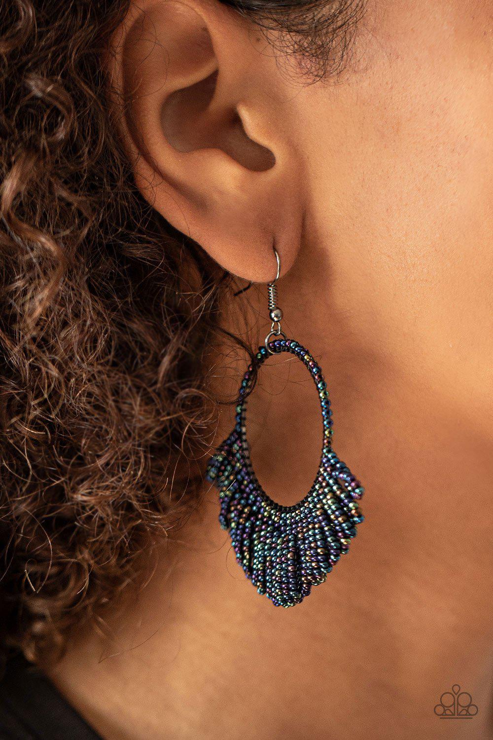 I Can't BEAD-lieve My Eyes! Multi "Oil Spill" Seed Bead Earrings - Paparazzi Accessories- on model - CarasShop.com - Paparazzi Jewelry by Cara Jewels