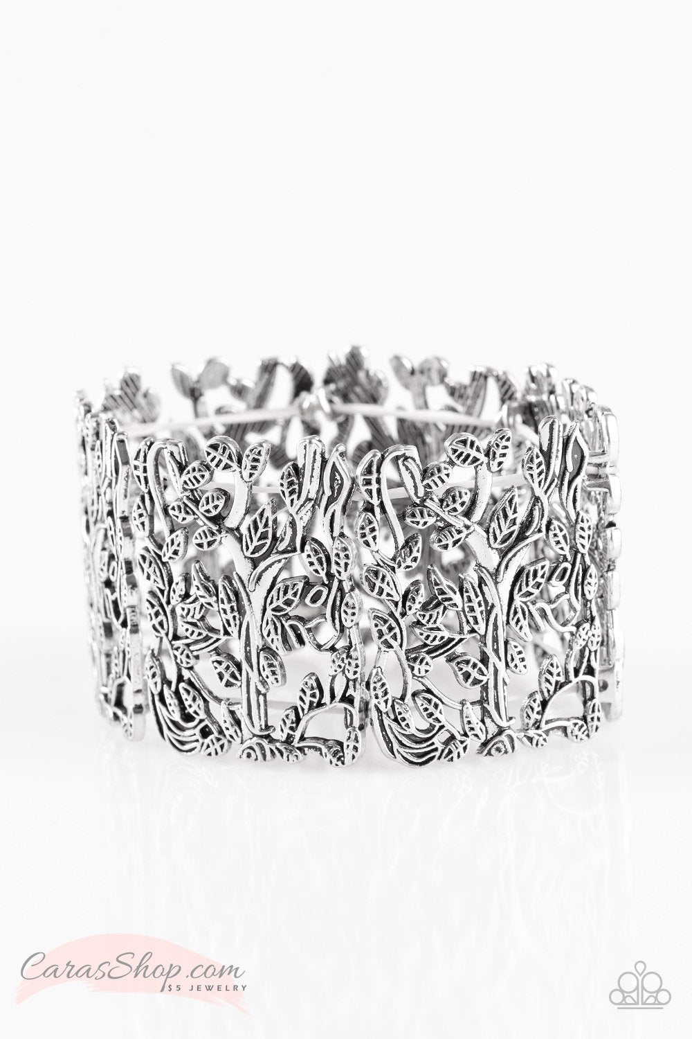 I Feel VINE Silver Stretch Bangle Bracelet - Paparazzi Accessories- on model - CarasShop.com - Paparazzi Jewelry by Cara Jewels