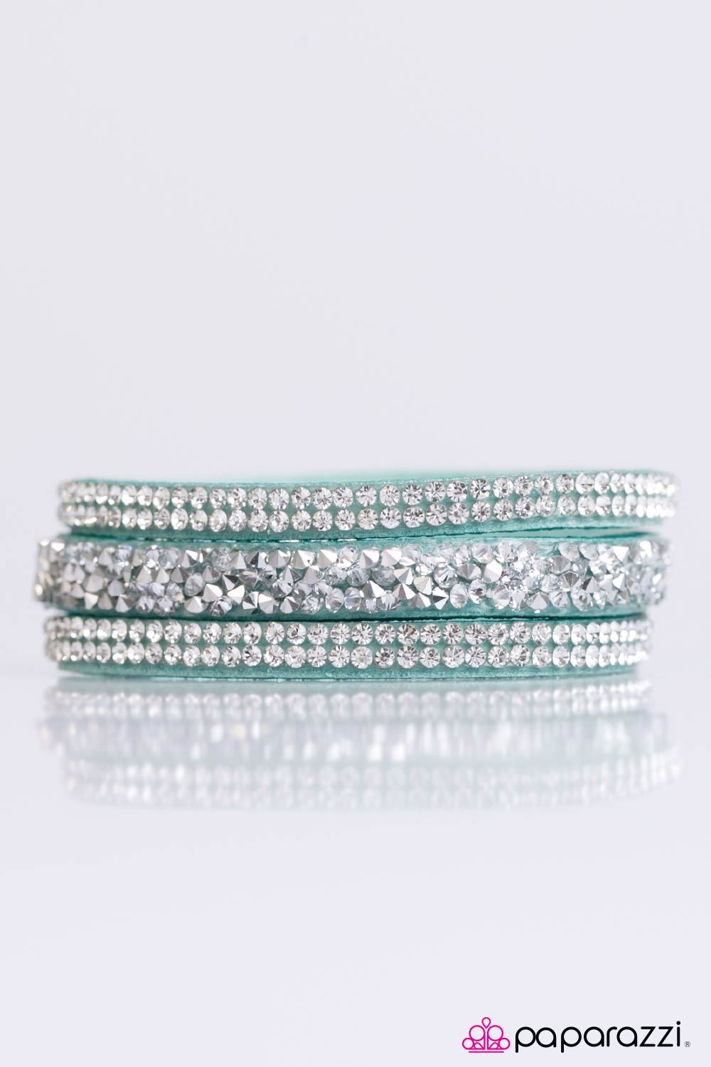 I Love Rock N Roll Blue & White Rhinestone Urban Wrap Snap Bracelet - Paparazzi Accessories- lightbox - CarasShop.com - Paparazzi Jewelry by Cara Jewels