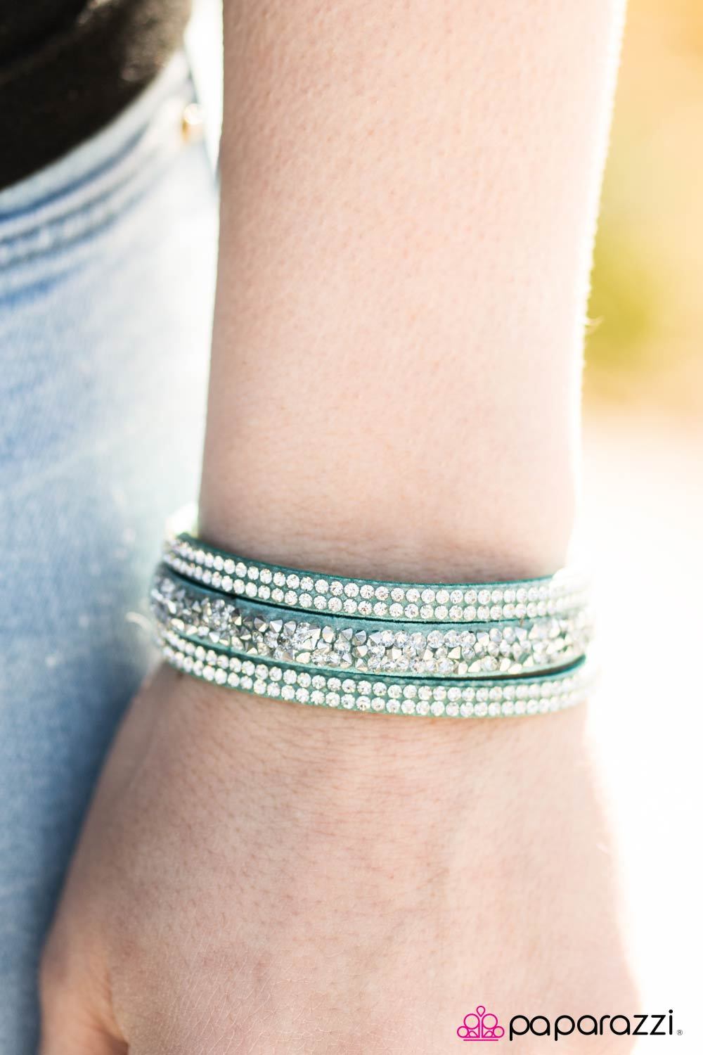 I Love Rock N Roll Blue & White Rhinestone Urban Wrap Snap Bracelet - Paparazzi Accessories- on model - CarasShop.com - Paparazzi Jewelry by Cara Jewels