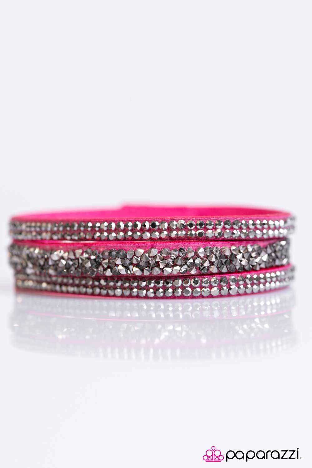 I Love Rock N Roll Hot Pink & Hematite Urban Wrap Snap Bracelet - Paparazzi Accessories- lightbox - CarasShop.com - Paparazzi Jewelry by Cara Jewels