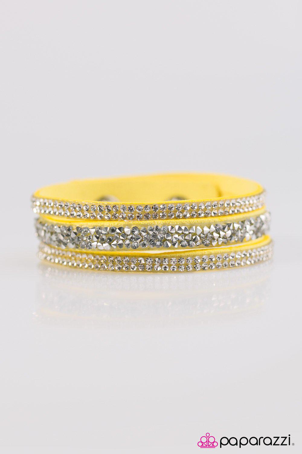 I Love Rock N Roll Yellow & White Rhinestone Urban Wrap Snap Bracelet - Paparazzi Accessories- lightbox - CarasShop.com - Paparazzi Jewelry by Cara Jewels
