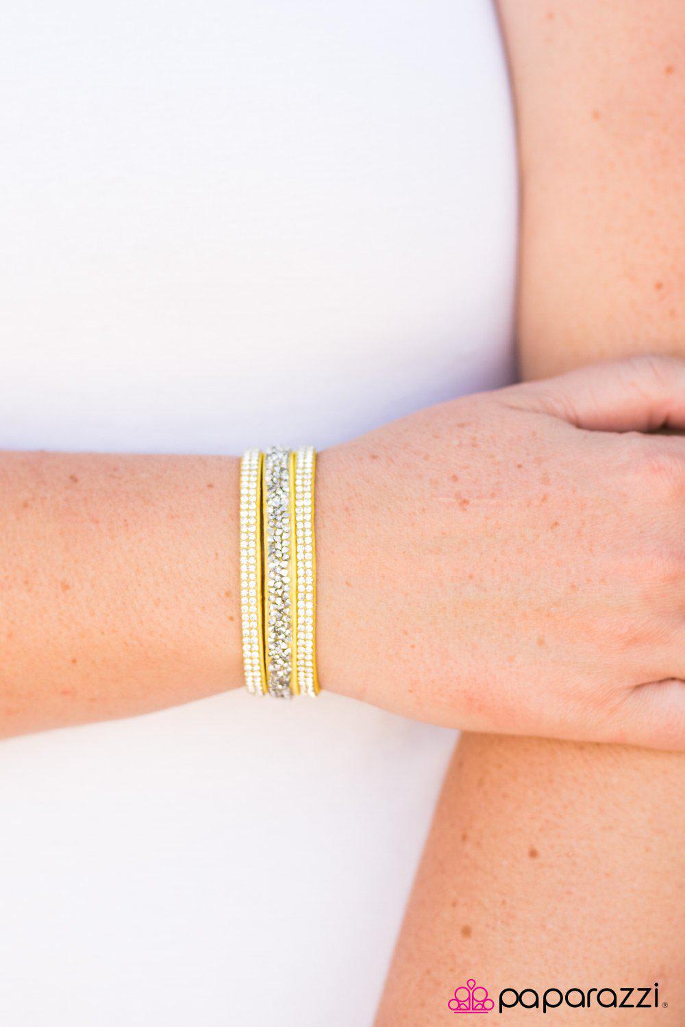 I Love Rock N Roll Yellow & White Rhinestone Urban Wrap Snap Bracelet - Paparazzi Accessories- on model - CarasShop.com - Paparazzi Jewelry by Cara Jewels