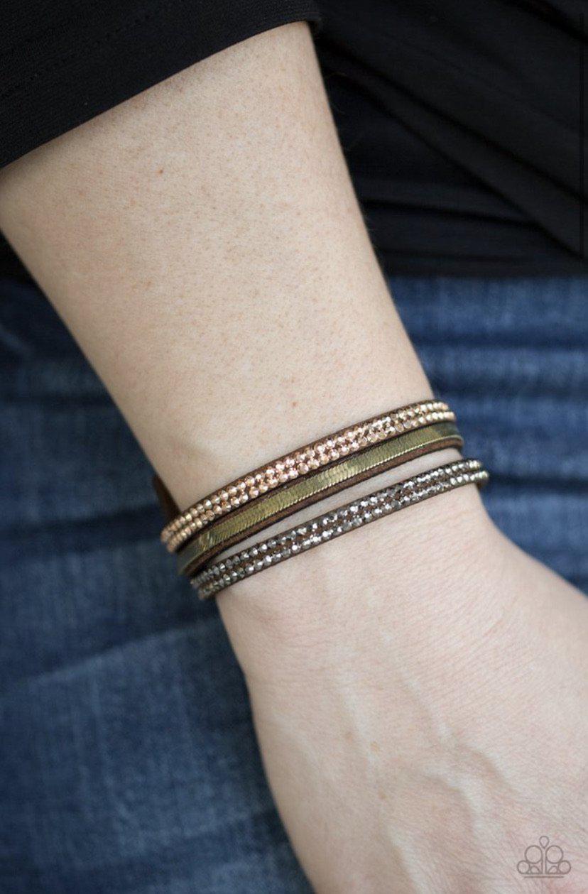 I Mean Business Multi Brown, Hematite and Brass Urban Wrap Bracelet - Paparazzi Accessories- on model - CarasShop.com - Paparazzi Jewelry by Cara Jewels
