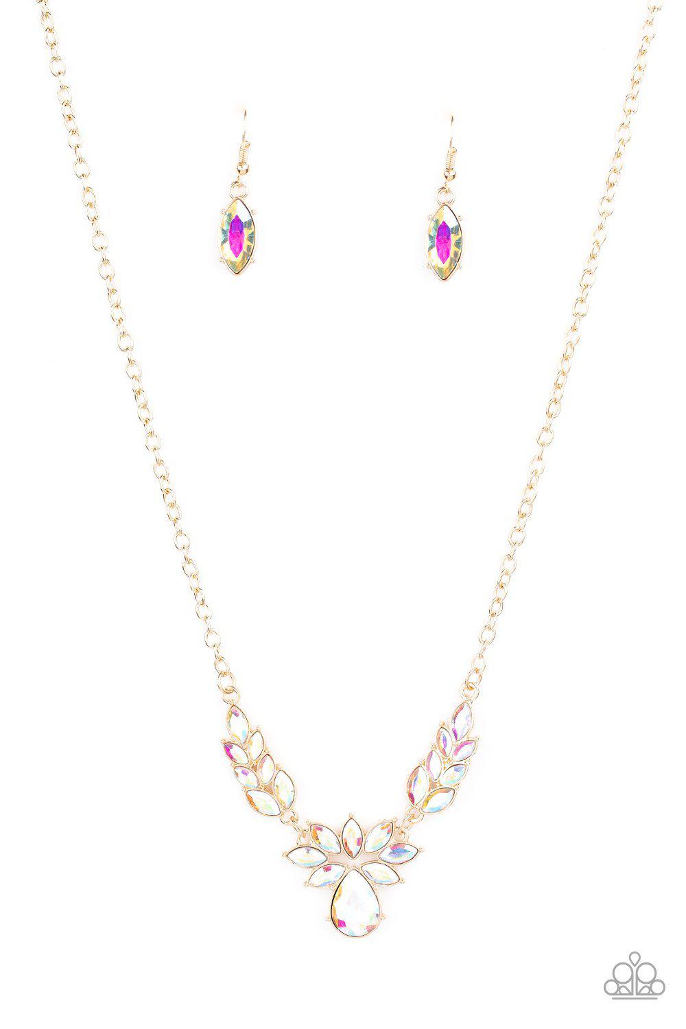 I Need Some HEIR Multi - Gold and Iridescent Rhinestone Necklace - Paparazzi Accessories- on model - CarasShop.com - Paparazzi Jewelry by Cara Jewels