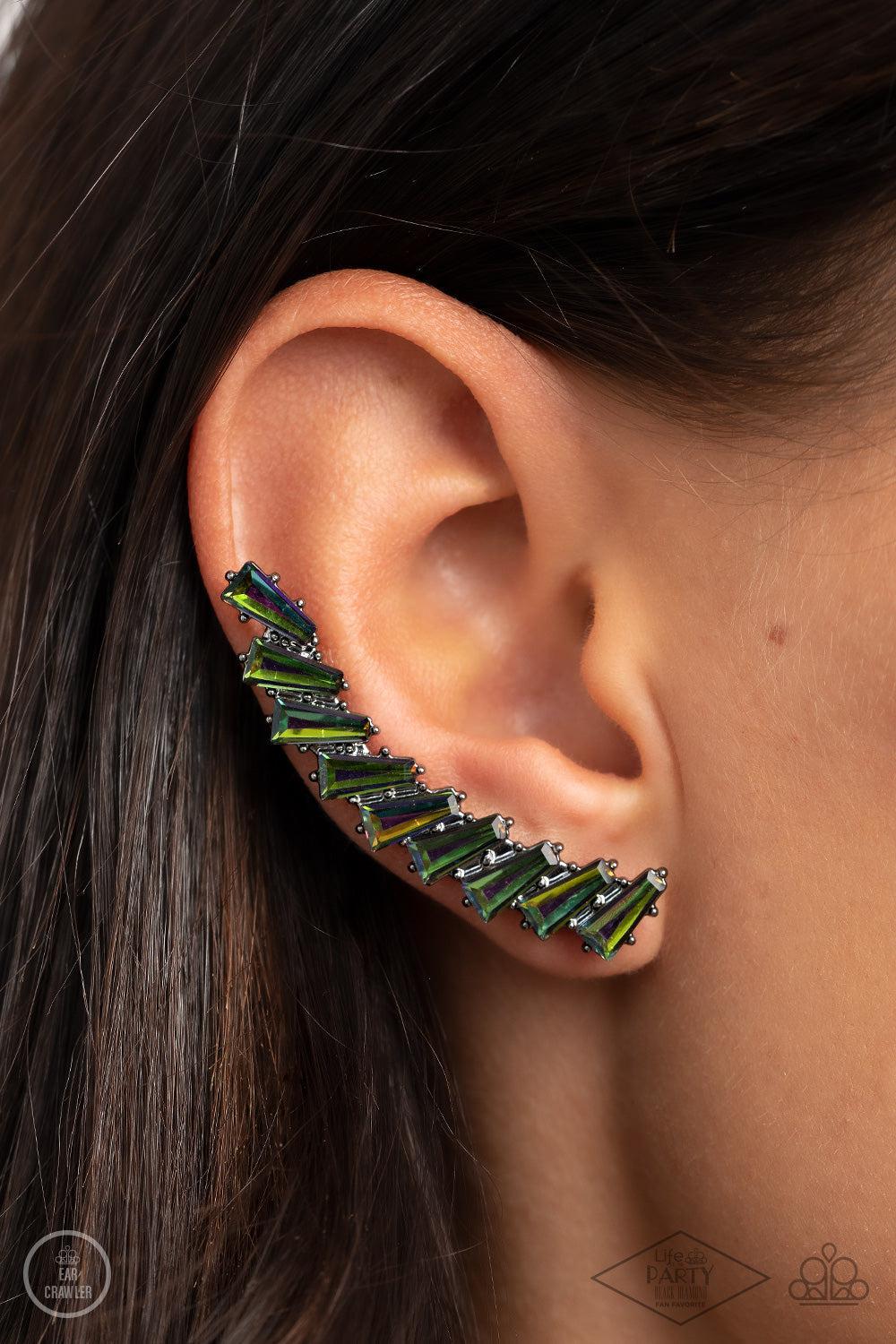 I Think ICE Can Multi "Oil Spill" Rhinestone Ear Crawler Earrings - Paparazzi Accessories- on model - CarasShop.com - Paparazzi Jewelry by Cara Jewels