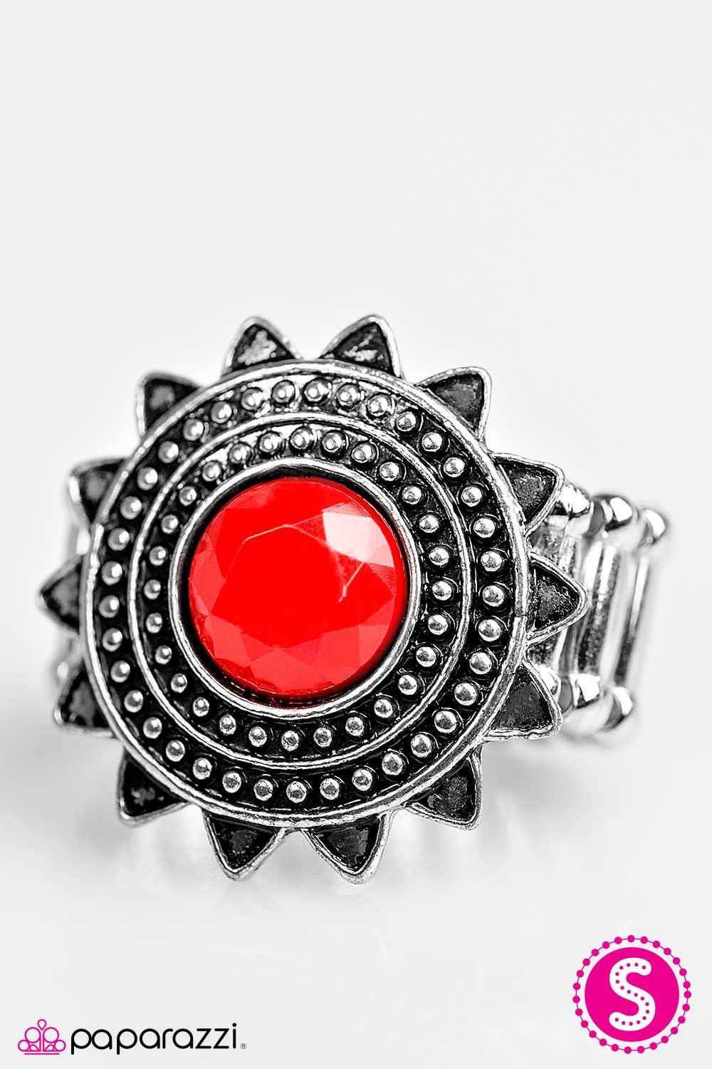 I Told You Sol Red and Silver Ring - Paparazzi Accessories- on model - CarasShop.com - Paparazzi Jewelry by Cara Jewels