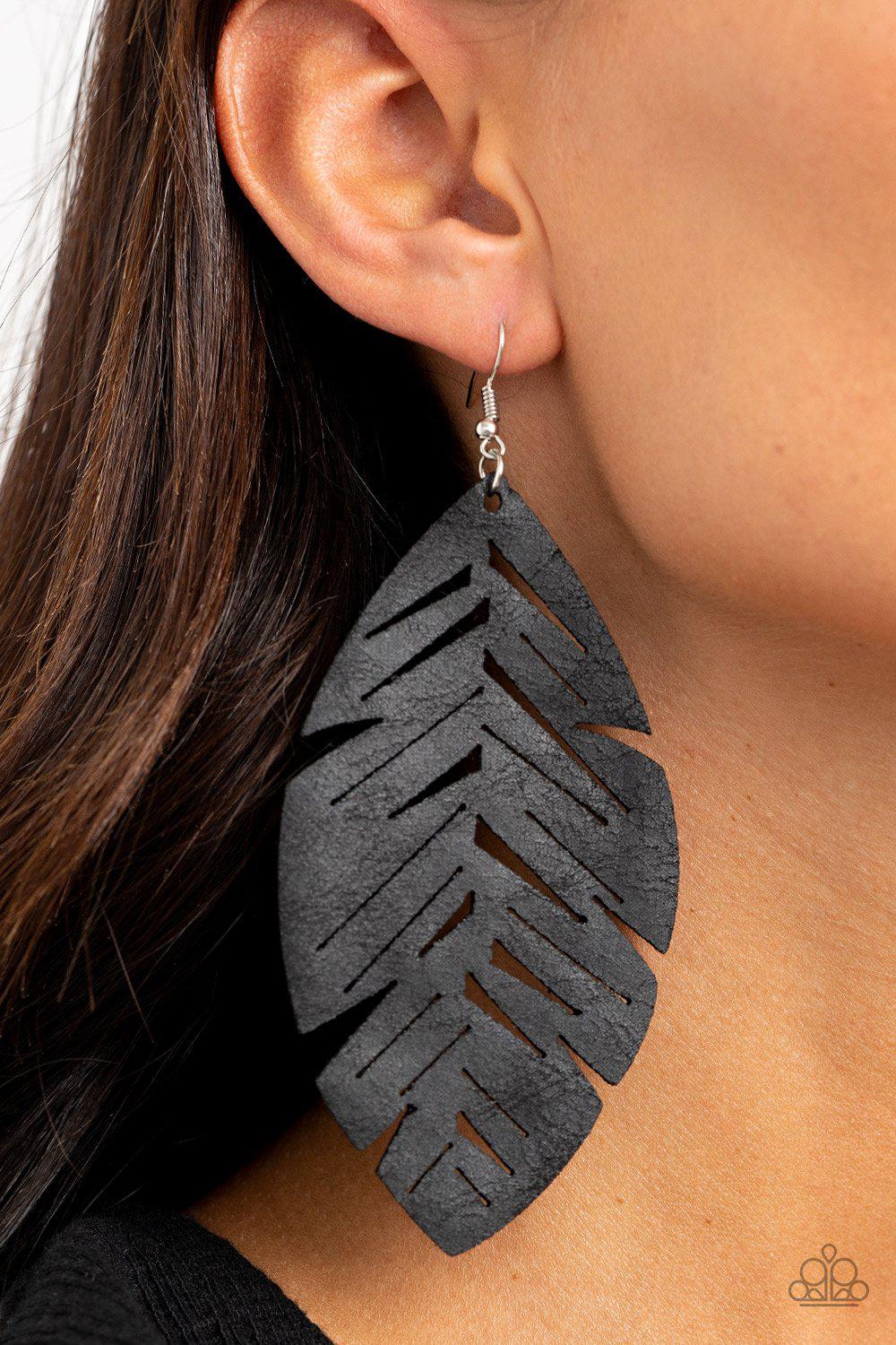 I Want To Fly Black Leather Feather Earrings - Paparazzi Accessories- on model - CarasShop.com - Paparazzi Jewelry by Cara Jewels