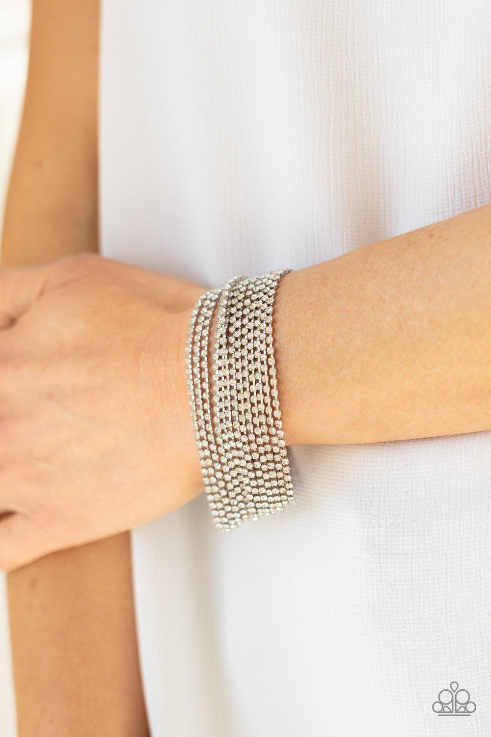 I Woke Up Like This White Rhinestone Bracelet - Paparazzi Accessories- on model - CarasShop.com - Paparazzi Jewelry by Cara Jewels