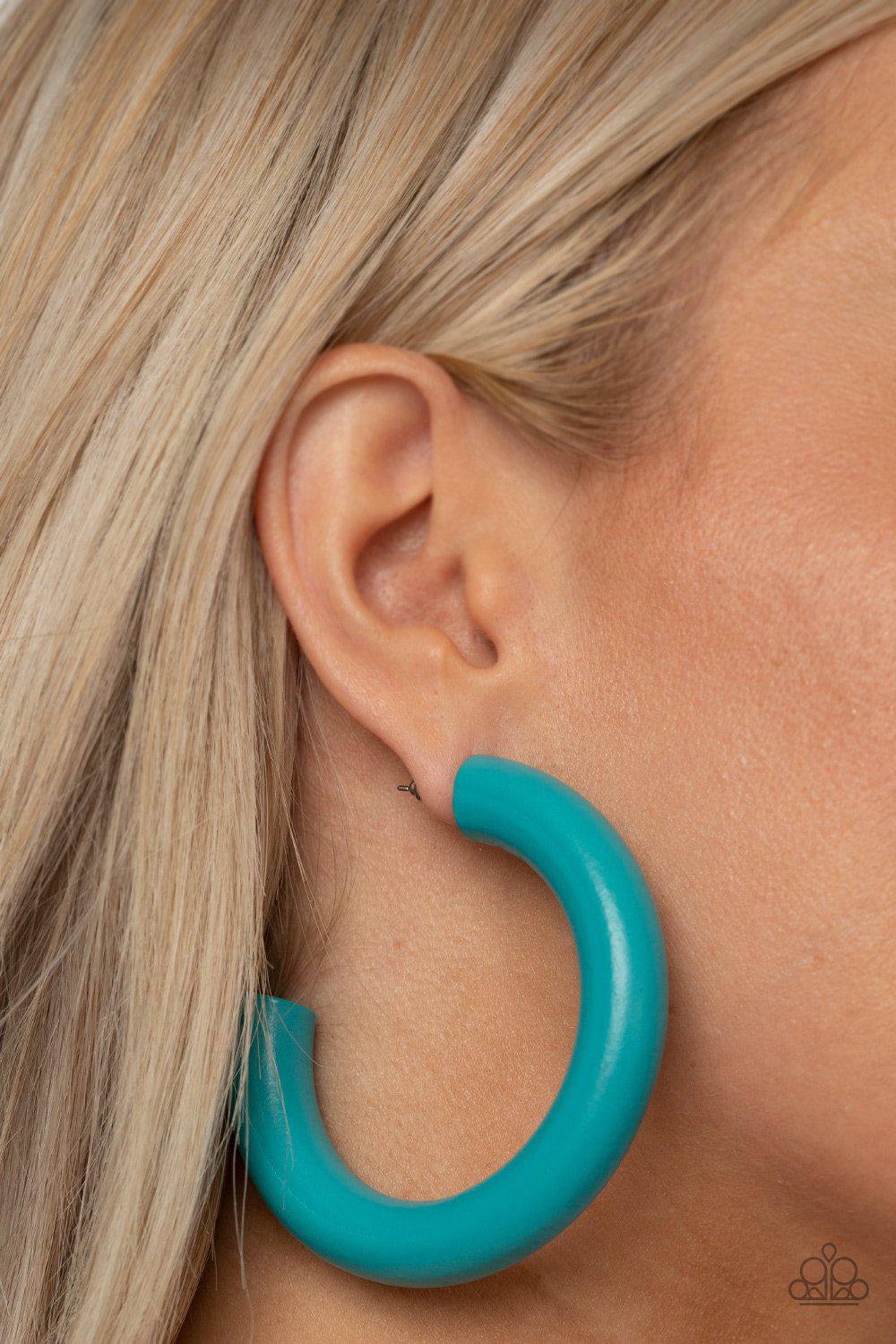 I WOOD Walk 500 Miles Turquoise Blue Wood Hoop Earrings - Paparazzi Accessories- on model - CarasShop.com - Paparazzi Jewelry by Cara Jewels