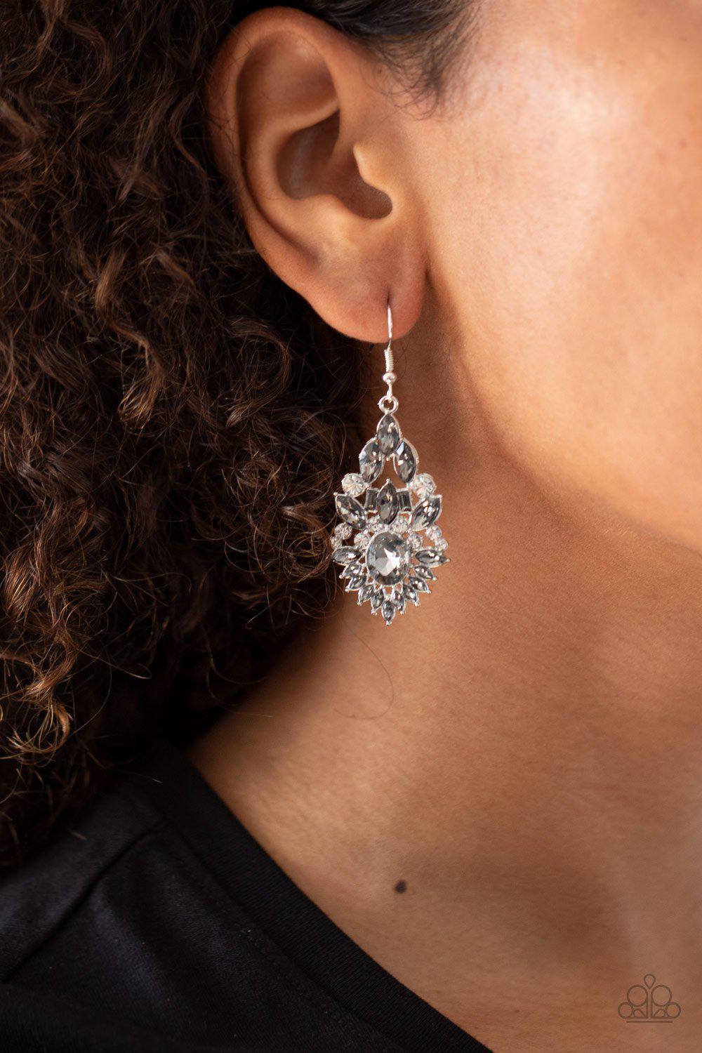 Ice Castle Couture Smoky Silver and White Rhinestone Earrings - Paparazzi Accessories- lightbox - CarasShop.com - Paparazzi Jewelry by Cara Jewels