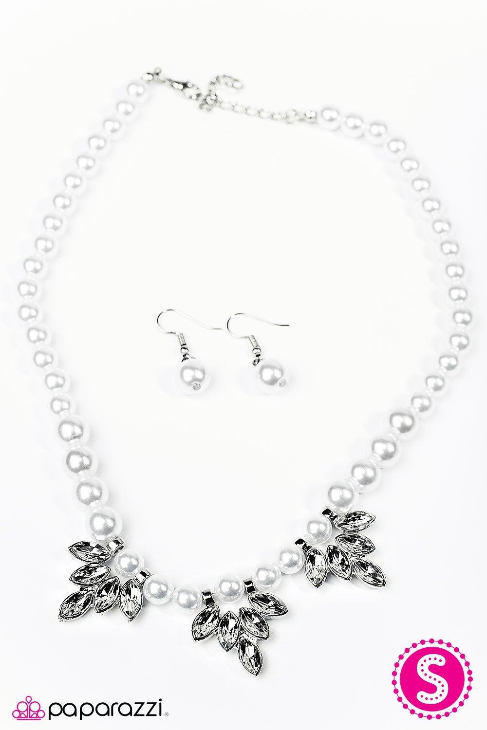 Ice Crystals White Pearl Necklace and matching Earrings - Paparazzi Accessories- lightbox - CarasShop.com - Paparazzi Jewelry by Cara Jewels