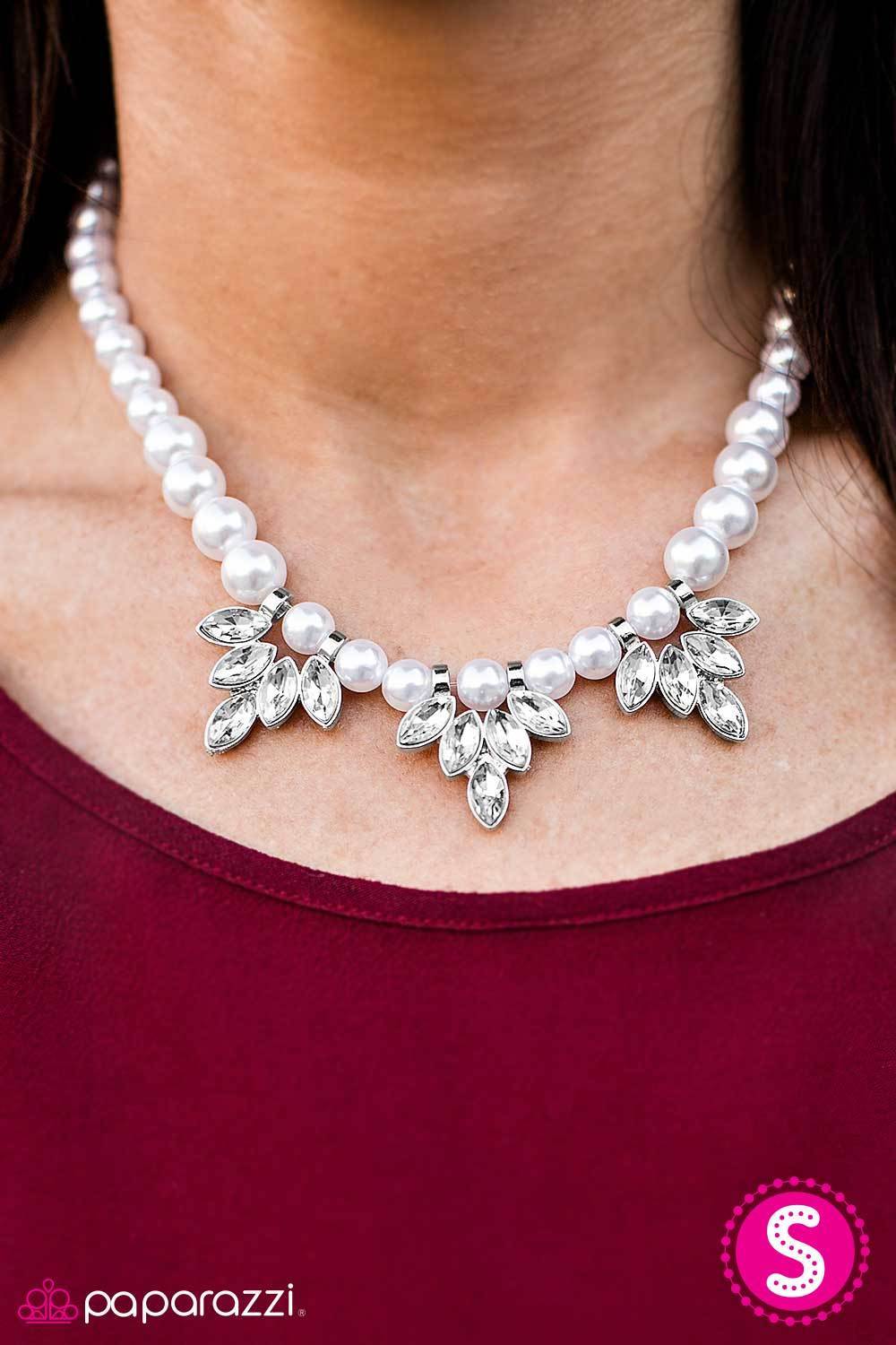 Ice Crystals White Pearl Necklace and matching Earrings - Paparazzi Accessories- lightbox - CarasShop.com - Paparazzi Jewelry by Cara Jewels