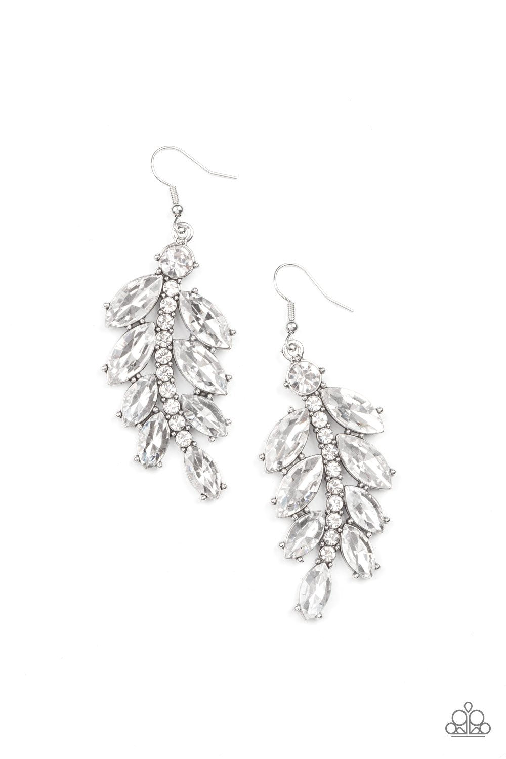 Ice Garden Gala White Rhinestone Leaf Earrings - Paparazzi Accessories- lightbox - CarasShop.com - Paparazzi Jewelry by Cara Jewels
