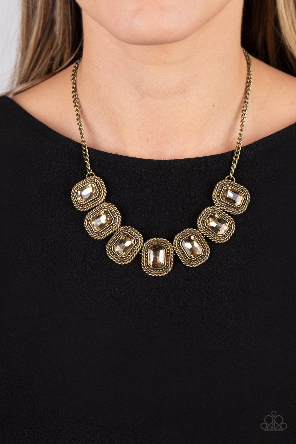 Iced Iron Brass Rhinestone Necklace - Paparazzi Accessories- on model - CarasShop.com - Paparazzi Jewelry by Cara Jewels