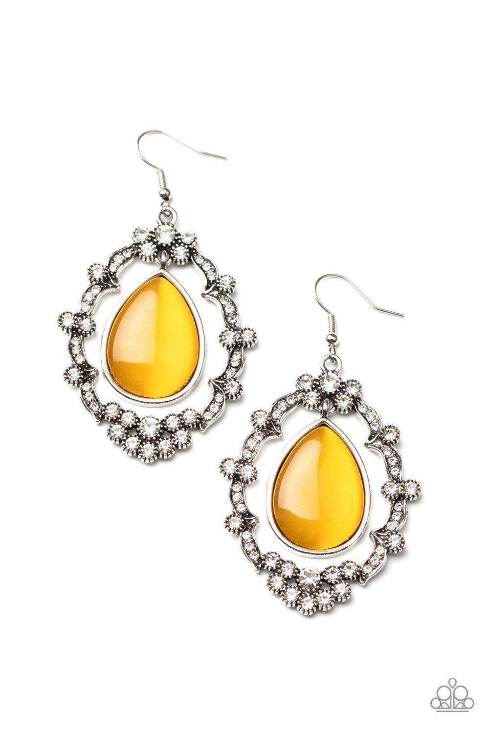 Icy Eden Yellow Cat's Eye Stone Earrings - Paparazzi Accessories- on model - CarasShop.com - Paparazzi Jewelry by Cara Jewels