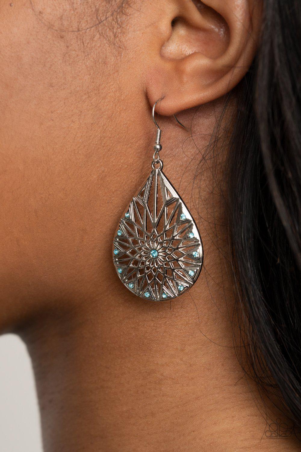 Icy Mosaic Blue Rhinestone Teardrop Earrings - Paparazzi Accessories- on model - CarasShop.com - Paparazzi Jewelry by Cara Jewels