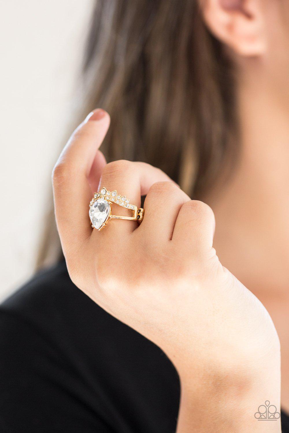 If The Crown Fits Gold and White Rhinestone Ring - Paparazzi Accessories- lightbox - CarasShop.com - Paparazzi Jewelry by Cara Jewels