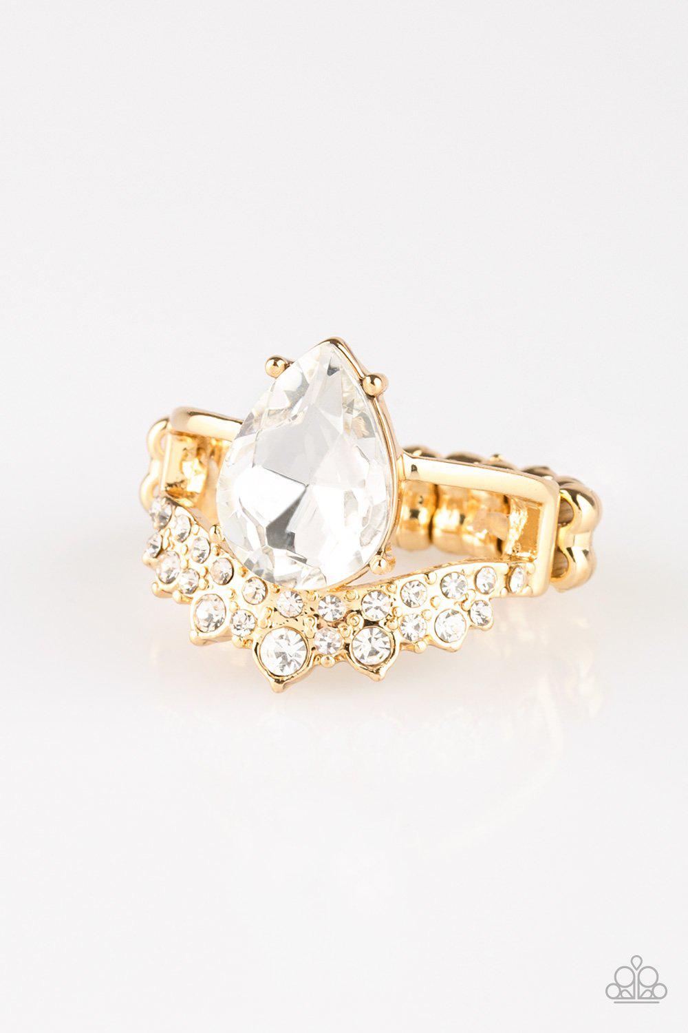 If The Crown Fits Gold and White Rhinestone Ring - Paparazzi Accessories- on model - CarasShop.com - Paparazzi Jewelry by Cara Jewels