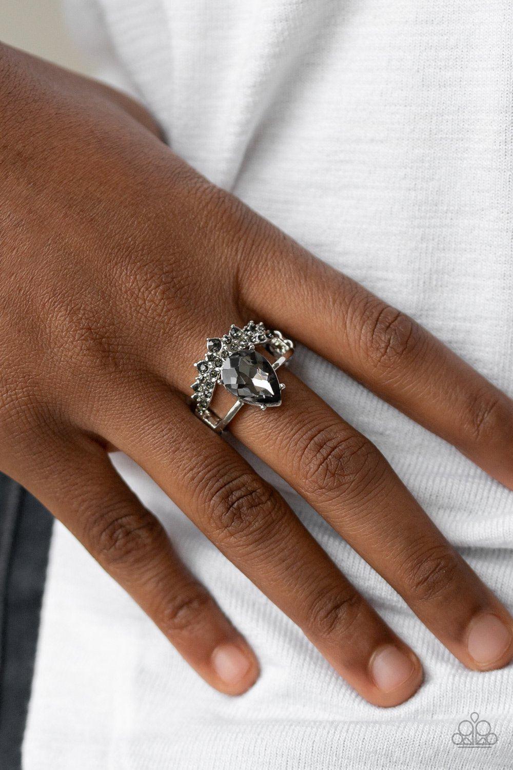 If The Crown Fits Smoky Silver Rhinestone Ring - Paparazzi Accessories- lightbox - CarasShop.com - Paparazzi Jewelry by Cara Jewels