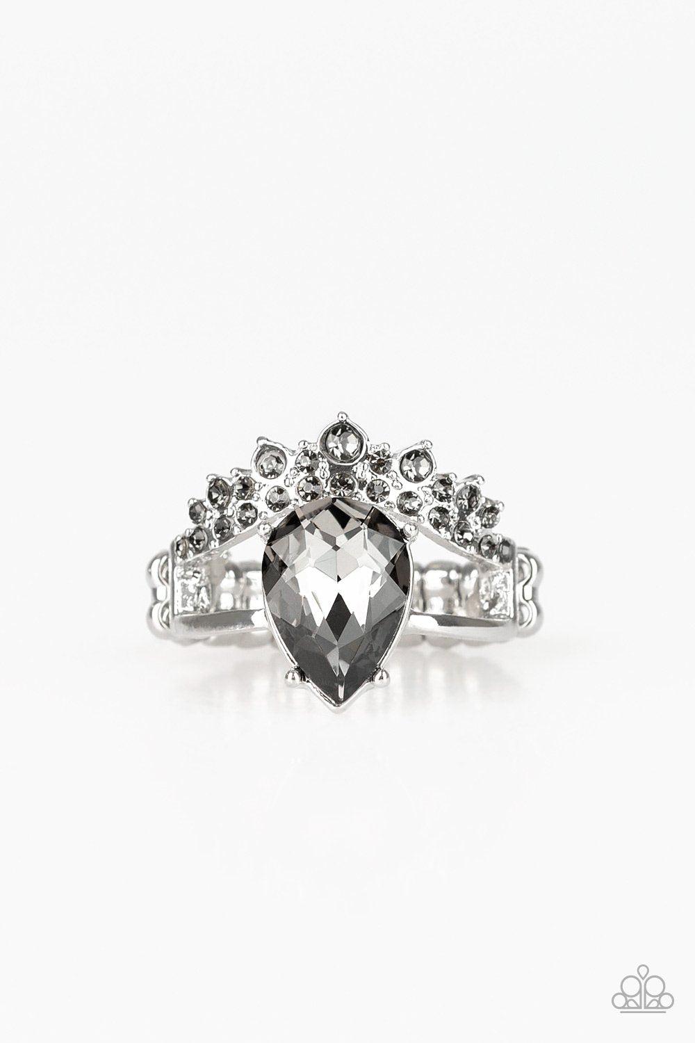 If The Crown Fits Smoky Silver Rhinestone Ring - Paparazzi Accessories- on model - CarasShop.com - Paparazzi Jewelry by Cara Jewels
