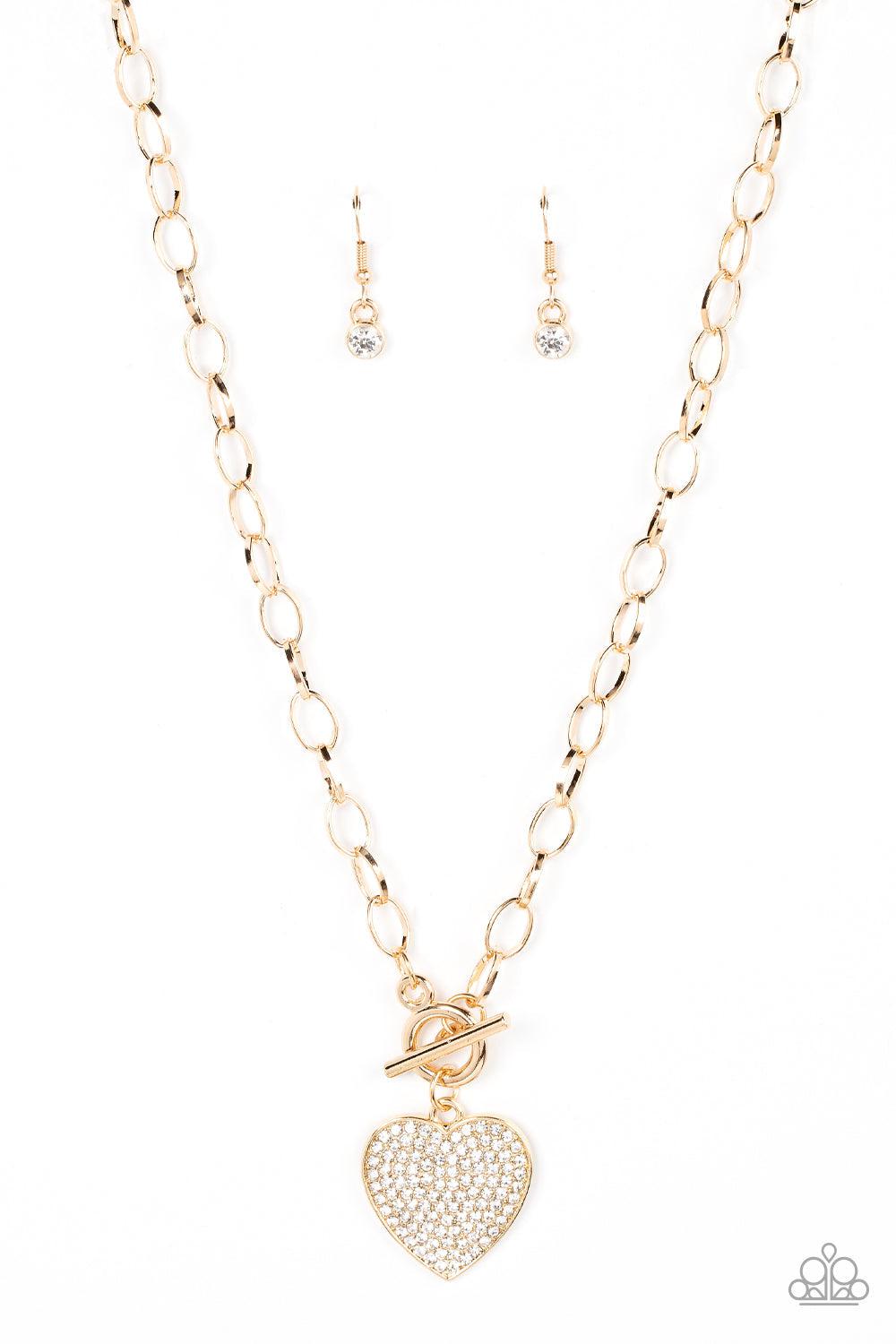 If You LUST Gold and White Rhinestone Heart Necklace - Paparazzi Accessories- lightbox - CarasShop.com - Paparazzi Jewelry by Cara Jewels