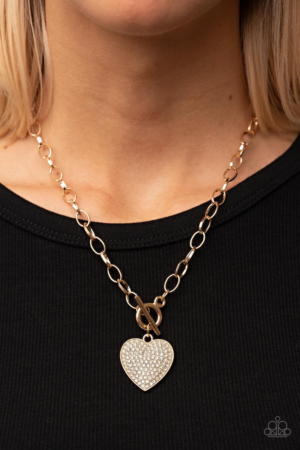 If You LUST Gold and White Rhinestone Heart Necklace - Paparazzi Accessories- on model - CarasShop.com - Paparazzi Jewelry by Cara Jewels