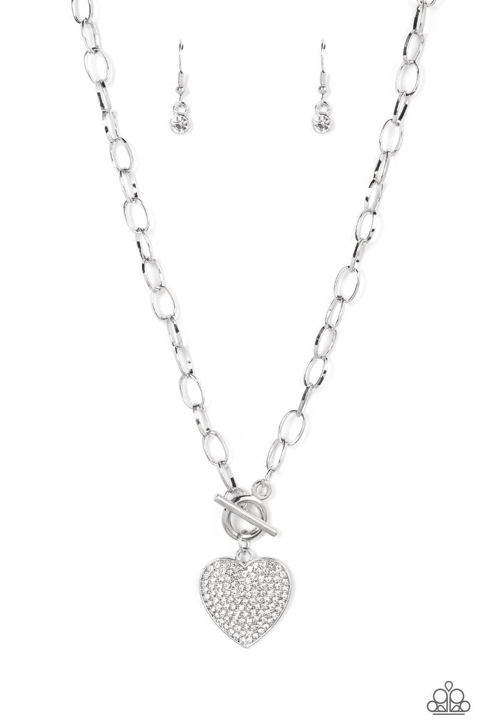 If You LUST White Rhinestone Heart Necklace - Paparazzi Accessories- lightbox - CarasShop.com - Paparazzi Jewelry by Cara Jewels