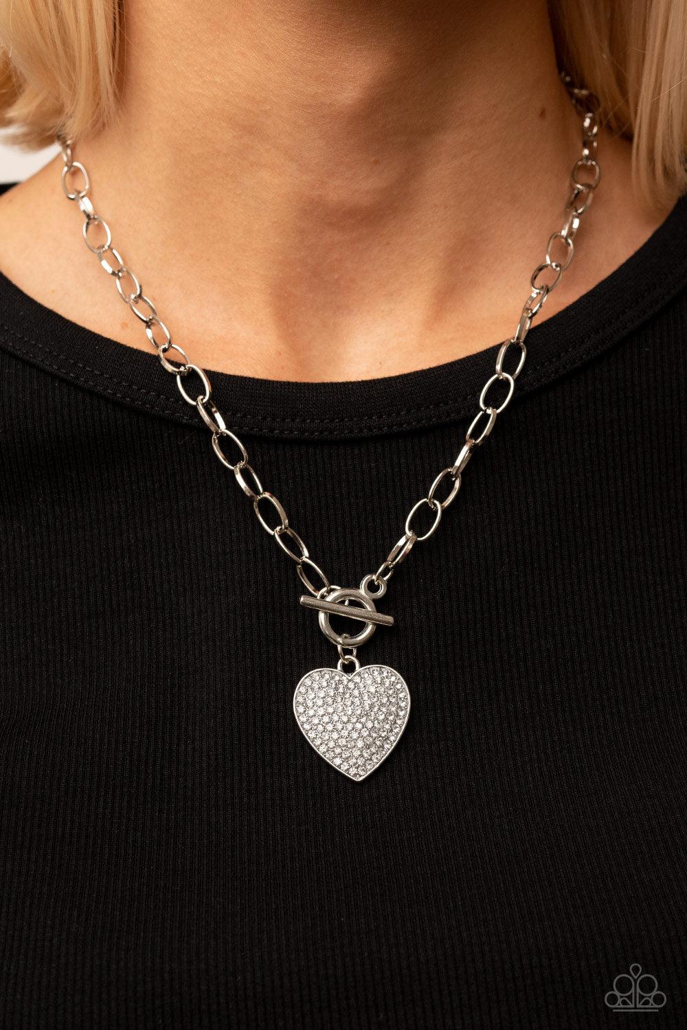 If You LUST White Rhinestone Heart Necklace - Paparazzi Accessories- on model - CarasShop.com - Paparazzi Jewelry by Cara Jewels