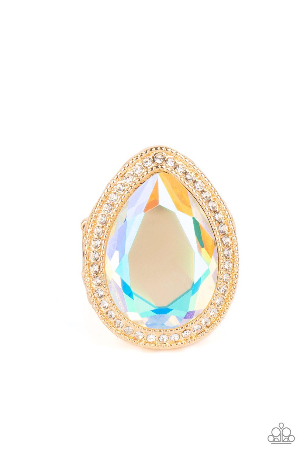 Illuminated Icon Gold & Iridescent Rhinestone Ring - Paparazzi Accessories- lightbox - CarasShop.com - Paparazzi Jewelry by Cara Jewels