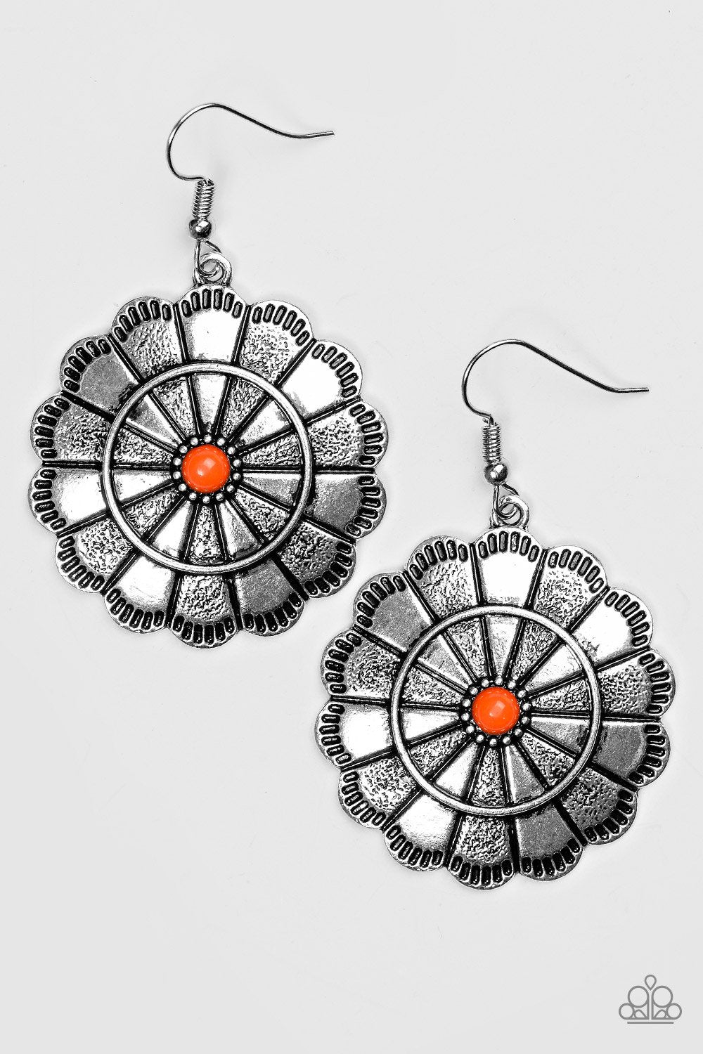 I'm No Wallflower Orange and Silver Earrings - Paparazzi Accessories- lightbox - CarasShop.com - Paparazzi Jewelry by Cara Jewels