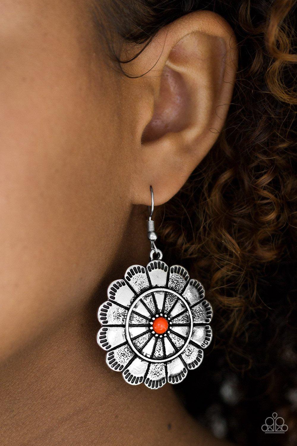I'm No Wallflower Orange and Silver Earrings - Paparazzi Accessories- on model - CarasShop.com - Paparazzi Jewelry by Cara Jewels
