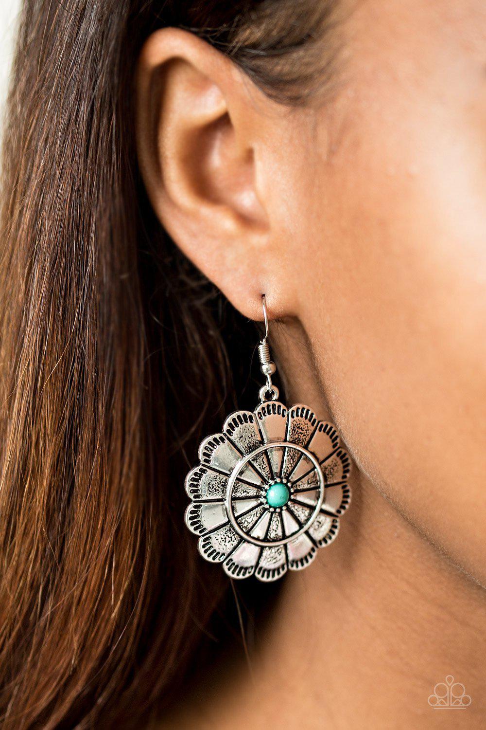 I'm No Wallflower Silver and Green Earrings - Paparazzi Accessories- on model - CarasShop.com - Paparazzi Jewelry by Cara Jewels