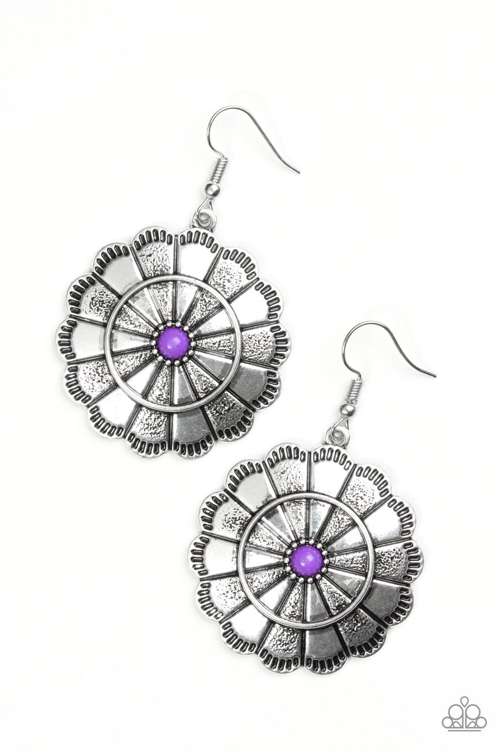 I'm No Wallflower Silver and Purple Earrings - Paparazzi Accessories- on model - CarasShop.com - Paparazzi Jewelry by Cara Jewels