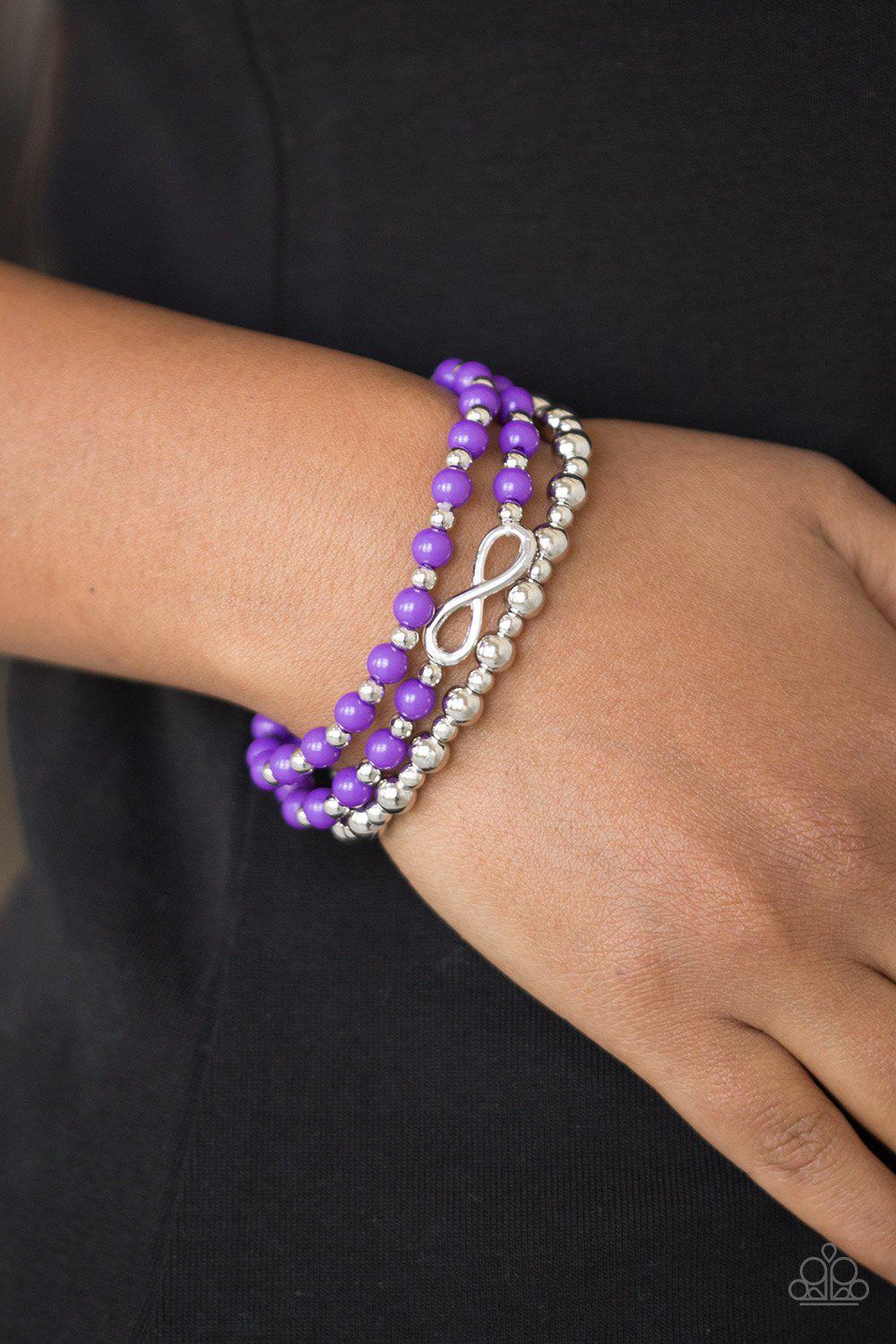 Immeasurably Infinite Silver and Purple Stretch Bracelet Set - Paparazzi Accessories- lightbox - CarasShop.com - Paparazzi Jewelry by Cara Jewels