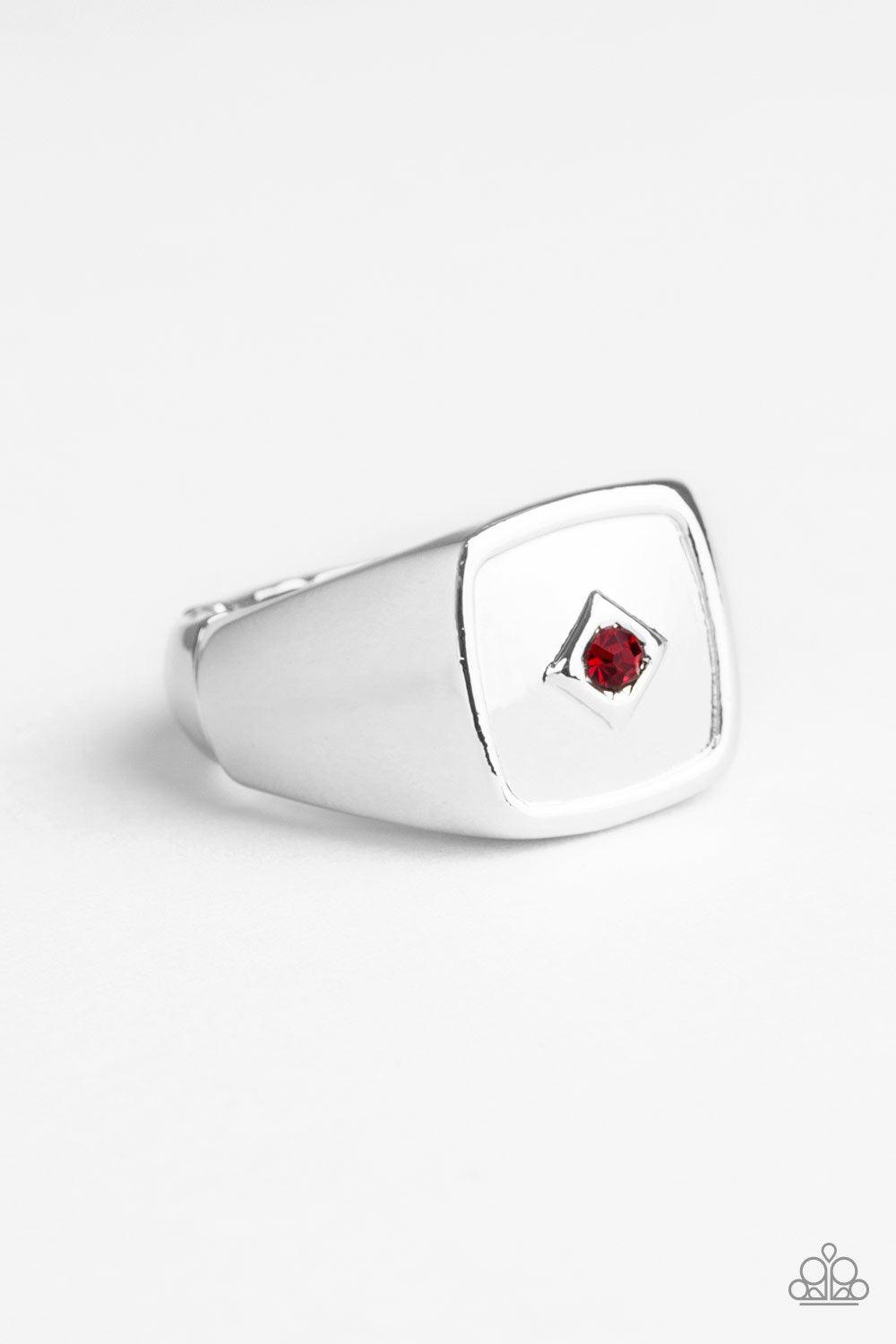 Immortal Men's Red Rhinestone and Silver Ring - Paparazzi Accessories- lightbox - CarasShop.com - Paparazzi Jewelry by Cara Jewels