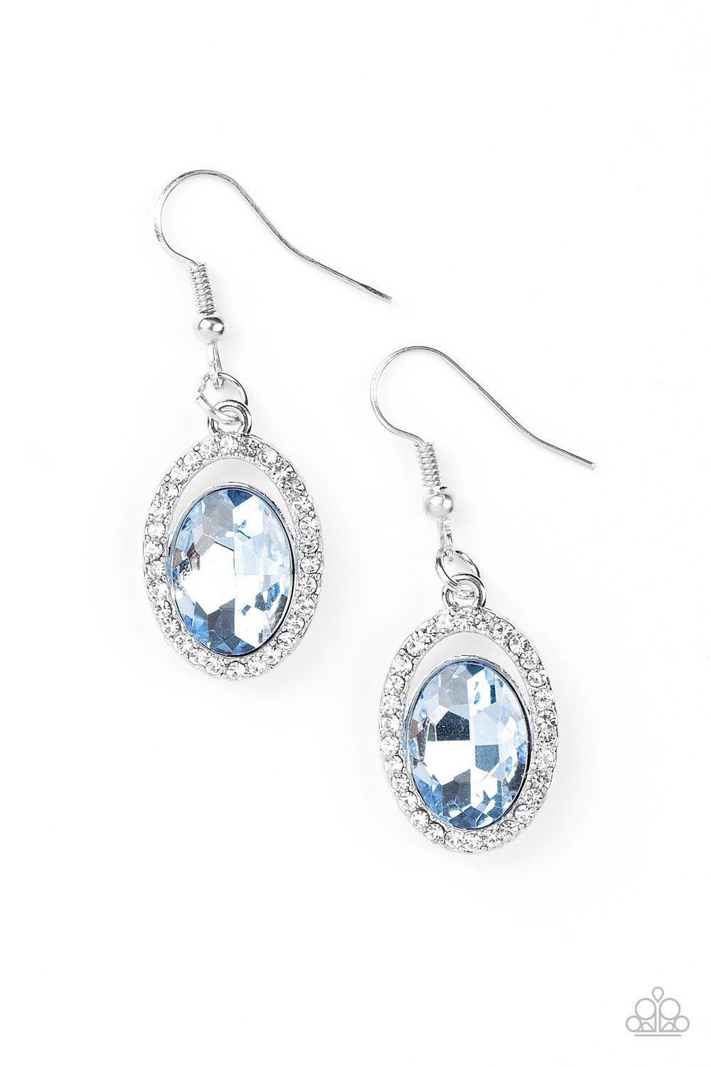 Imperial SHINE-ness Blue and White Rhinestone Earrings - Paparazzi Accessories- on model - CarasShop.com - Paparazzi Jewelry by Cara Jewels