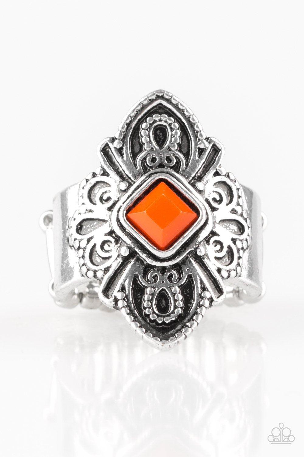 Impressive Trek Record Silver and Orange Ring - Paparazzi Accessories- lightbox - CarasShop.com - Paparazzi Jewelry by Cara Jewels