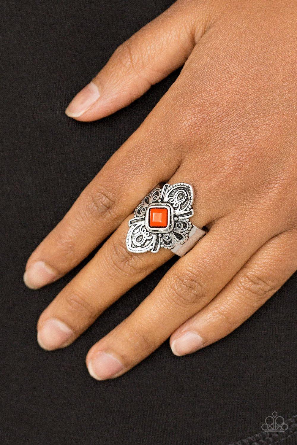 Impressive Trek Record Silver and Orange Ring - Paparazzi Accessories- on model - CarasShop.com - Paparazzi Jewelry by Cara Jewels