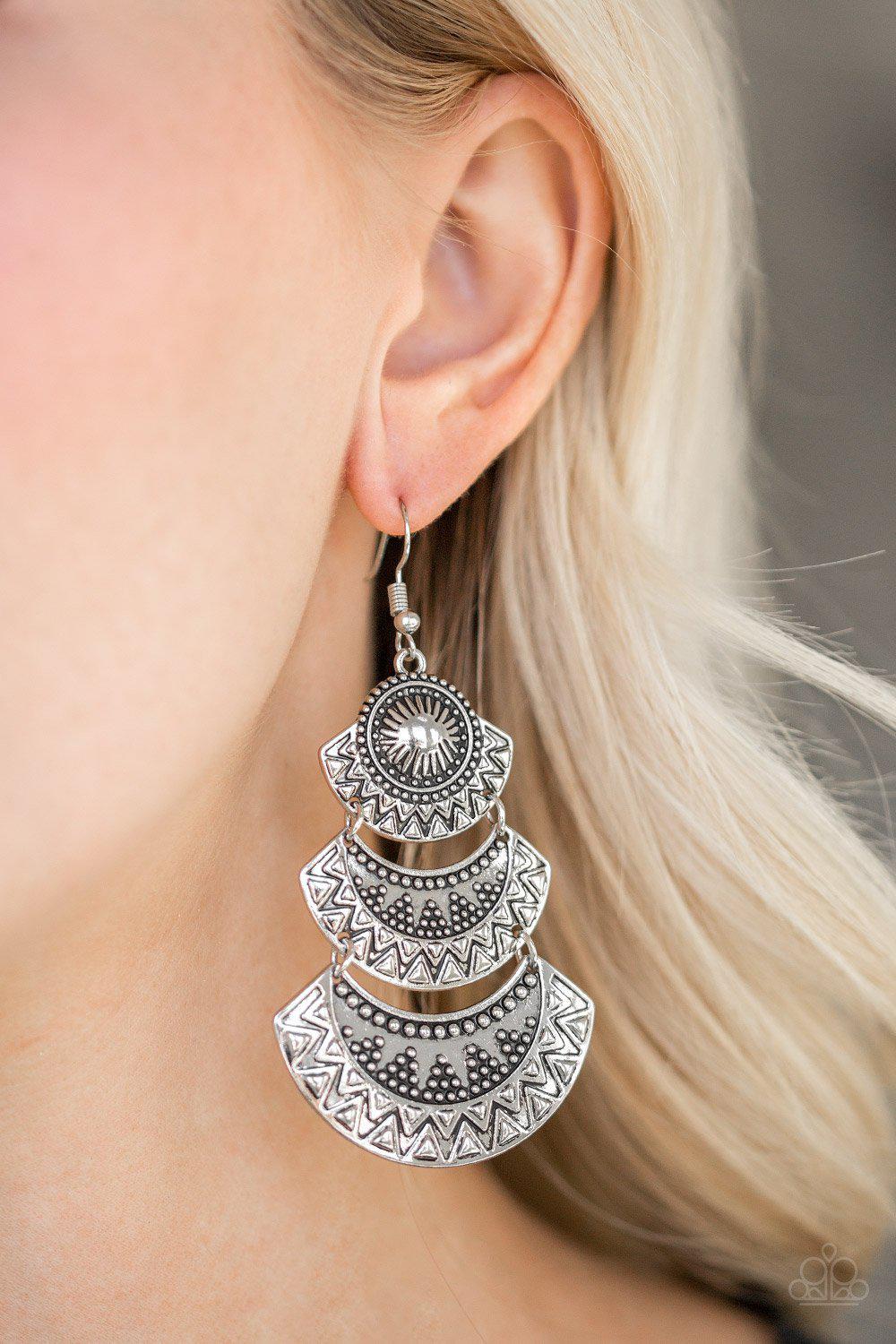 Impressively Empress Silver Tiered Earrings - Paparazzi Accessories- lightbox - CarasShop.com - Paparazzi Jewelry by Cara Jewels