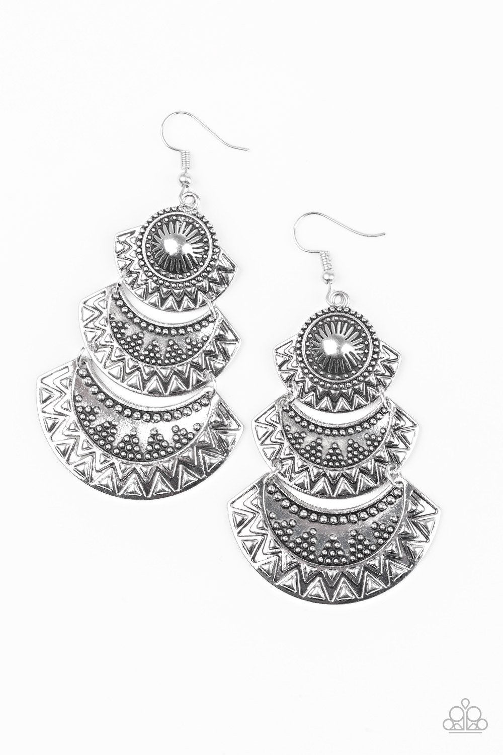 Impressively Empress Silver Tiered Earrings - Paparazzi Accessories- on model - CarasShop.com - Paparazzi Jewelry by Cara Jewels