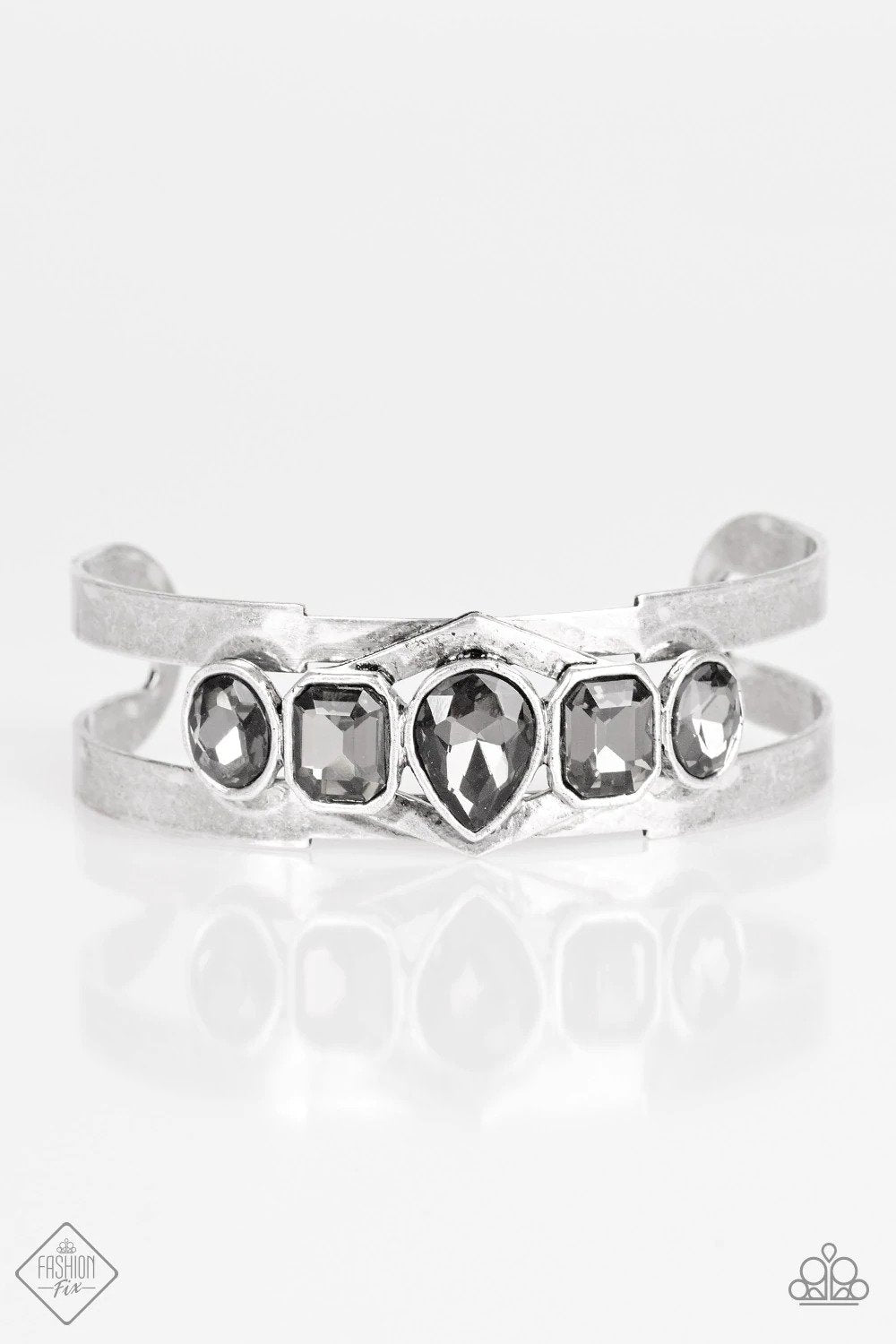 Impressively Imperial Silver Rhinestone Cuff Bracelet - Paparazzi Accessories- lightbox - CarasShop.com - Paparazzi Jewelry by Cara Jewels