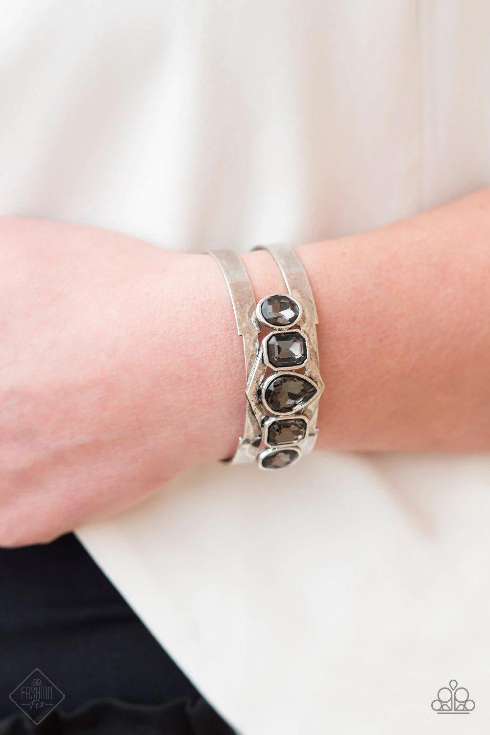 Impressively Imperial Silver Rhinestone Cuff Bracelet - Paparazzi Accessories- on model - CarasShop.com - Paparazzi Jewelry by Cara Jewels